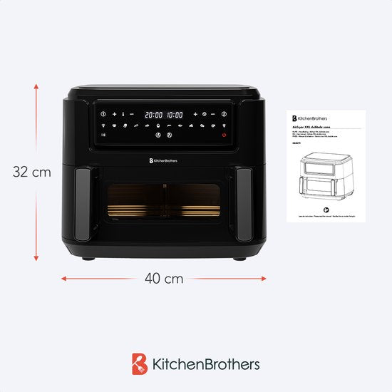 KitchenBrothers Airfryer XXL Dual Zone - 9L - 2400W - Heteluchtfriteuse - Snackverdeler - 50ºC tot 200ºC - 10 Kookprogramma's - Zwart