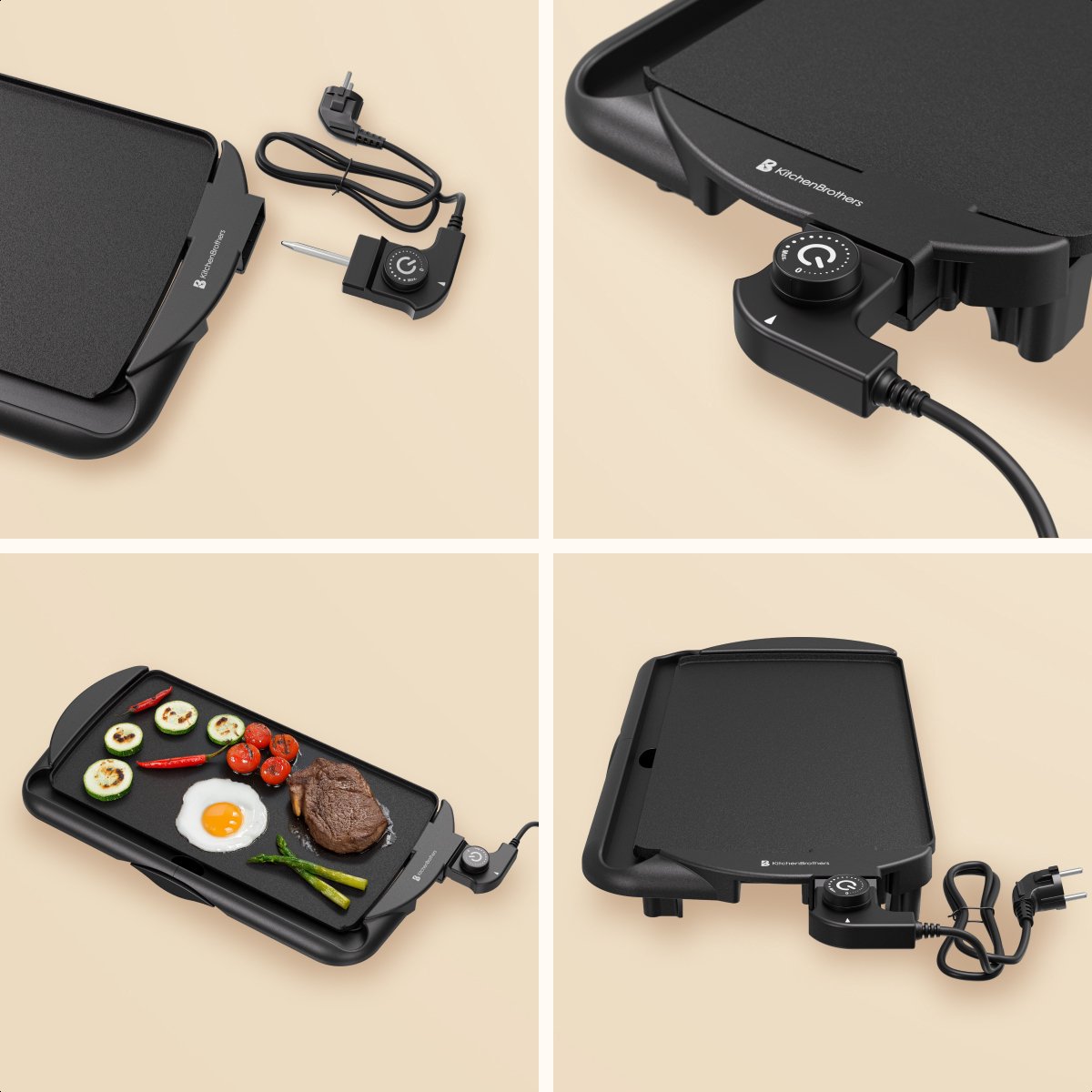 KitchenBrothers Elektrische Grillplaat XL - 2000W - Teppanyaki Bakplaat - Veilig Grillen - Zwart