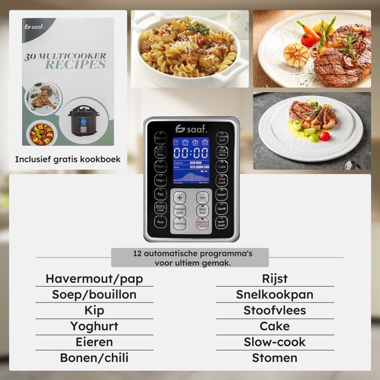 Multicooker - 11-Delige Set - 6L - 12 Automatische Programma's - Slowcooker, Rijstkoker, Stomer, Snelkookpan - Grijs - van Saaf