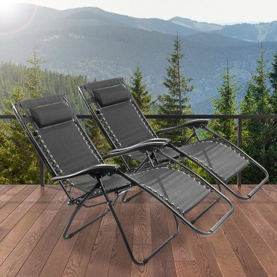 LifeGoods Opvouwbare Tuinstoelen - met Luifel - Verstelbaar Zonnescherm - 2 Stuks - 30°-90° Verstelbaar - Metaal - Zwart