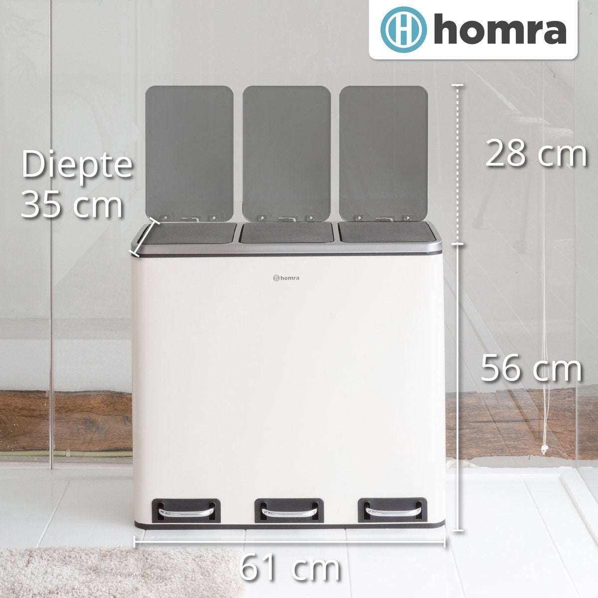 Homra SPARQ Pedaalemmer 3 vakken - 3 x 18 L inhoud - 54 Liter - Crème Wit RVS - Trio Afvalscheiding prullenbak  - 3-vaks Recycle Afvalemmer - Hygiënisch Afval Scheiden - Witte Keuken Vuilbak - Kantoor Prullenbak - Pedaal - Afvalscheidingsprullenbak