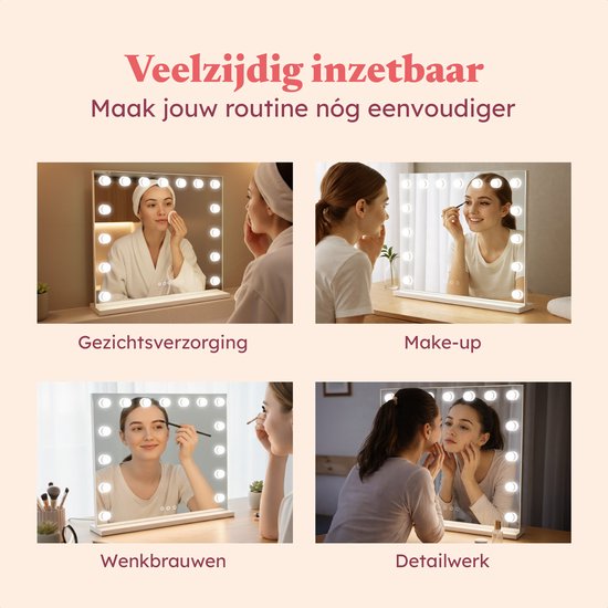 Fraay® Hollywood Spiegel met Verlichting 60x50cm - 3 Lichtstanden - Luxe Make Up Spiegel met 10x Vergrootspiegel - LED Verlichting Dimbaar - Incl. 2 Beauty Blenders en Powder puff