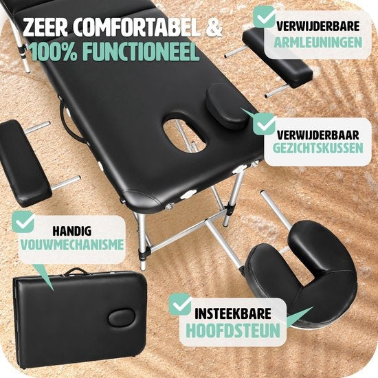Mobiele Aluminium Massagetafel 3 Zones - Zwart - behandeltafel - behandelbank – incl. opbergtas – opvouwbaar
