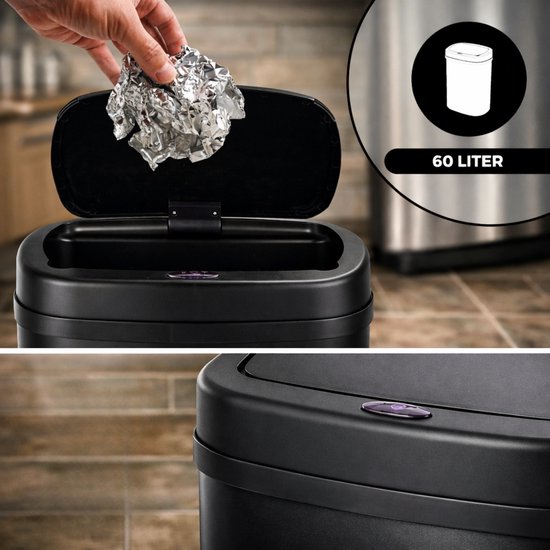 Bayt Prullenbak - Prullenbak 60 Liter - Prullenbak met Sensor - Vuilnisbak - Afvalbak - Metaal - Zwart