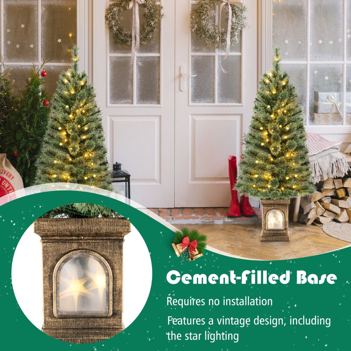 Coast Kunstkerstboom 120 cm Groen/Goud – 116 Takken – 100 LED Verlichting – Cement Gevulde Basis – Afstandsbediening
