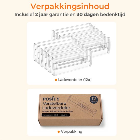Posity Ladeverdeler - Verstelbaar & Uitschuifbaar - 12 Stuks - Lade Organizer - Voor Keuken, Slaapkamer & Kleding - Kunststof - Transparant