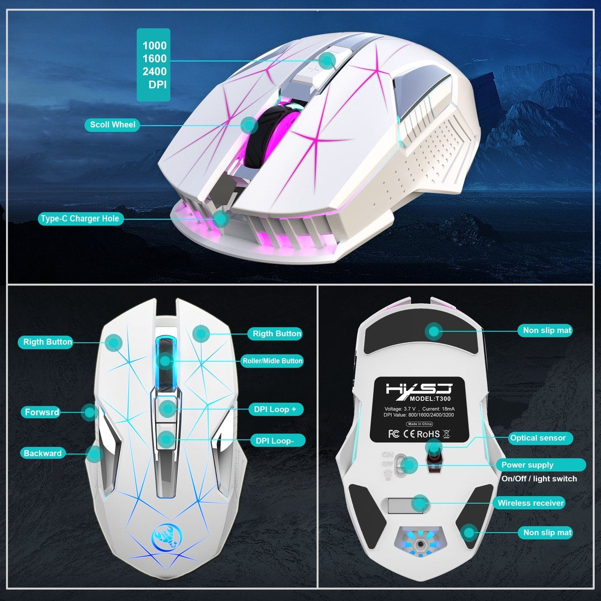 HXSJ T300 2.4G Draadloze Gaming Muis - Computermuizen - Ultra licht - Compact Voor Onderweg - RGB Verlichting - Wit