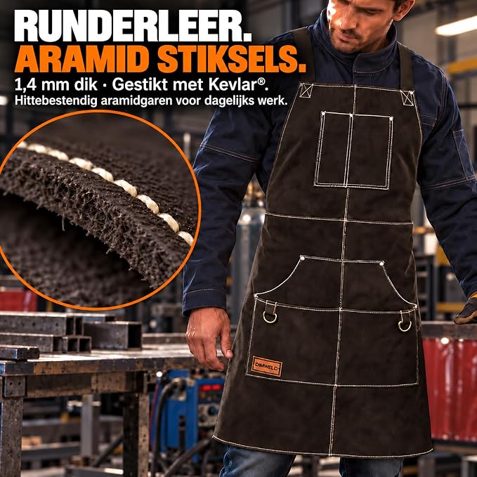 DIMWELD Leren Lasschort – 1,4 mm Rundleer – Hitte- & Vonkbestendig – 6 Gereedschapszakken