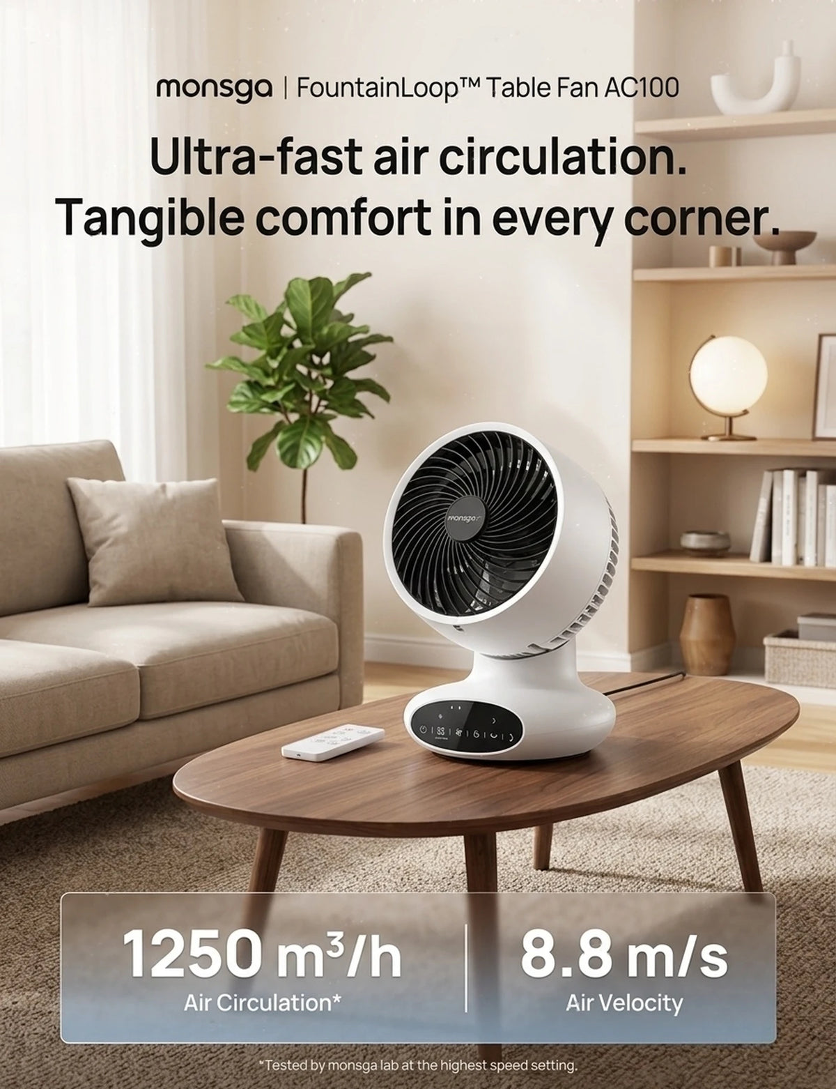 MONSGA AC100 Luchtcirculator Ventilator - Ultra Stil 25dB - 5 Standen - Timer & Slaapstand