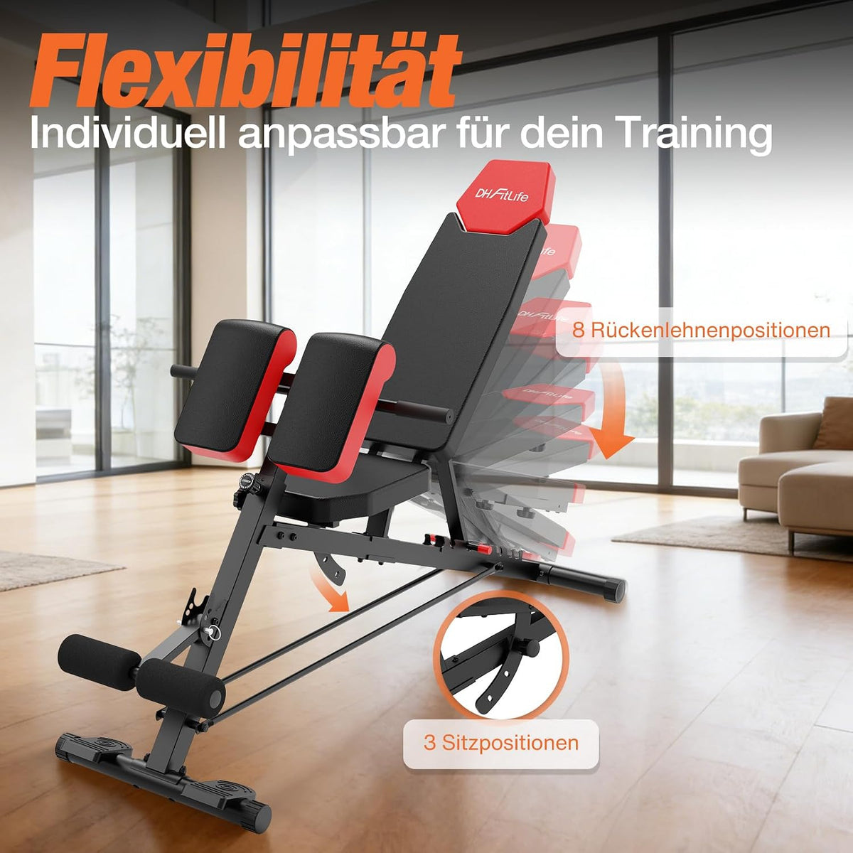 DH FitLife Halterbank 6-in-1 - Verstelbare Rugleuning - Hyperextension & Nordic Curl - Tot 350 kg - 163 x 50 x 130 cm - Zwart