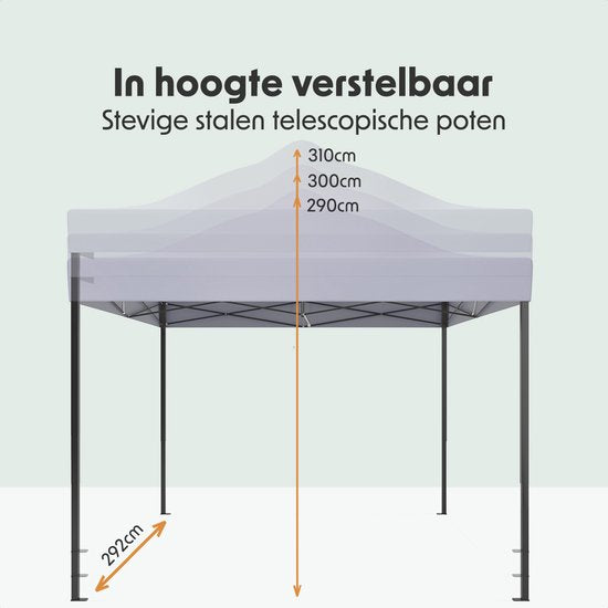 LifeGoods Partytent - Paviljoen - Easy Up - Opvouwbaar - Met Zijwanden - Waterdicht - Met Draagtas Met Wieltjes - 292 x 292 cm – Donkergrijs