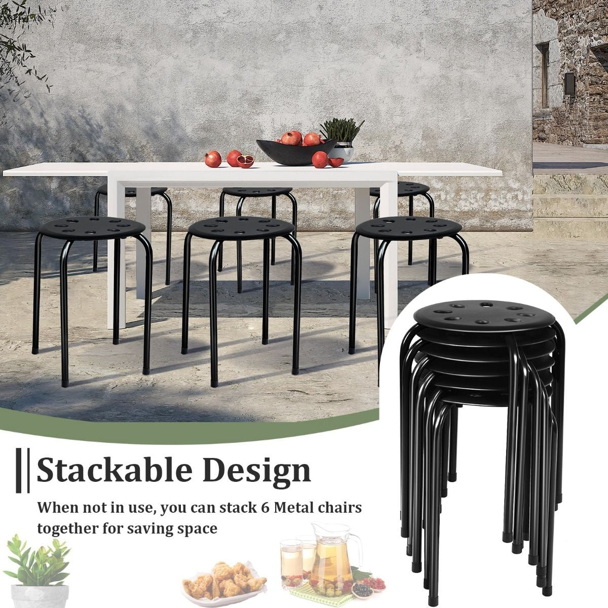 Stapelkruk Set van 6 Stapelbare Metalen Kruk Eetkamerkruk Kruk voor Thuis Kantoor Klaslokaal 44,5 cm Zithoogte 30 x 30 x 44,5 cm