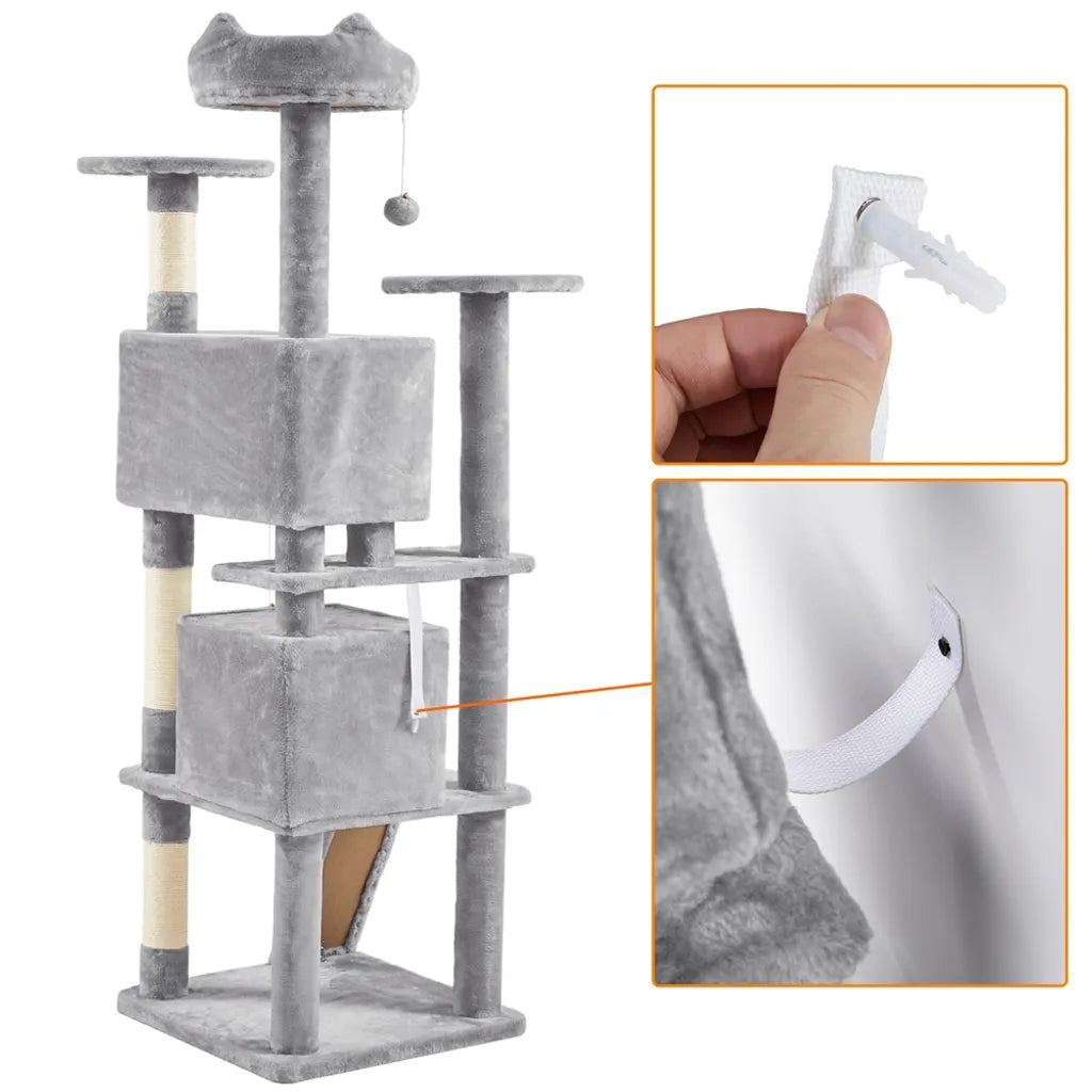 Yaheetech Krabpaal 178 cm met Twee Kattenholen, Lichtgrijs