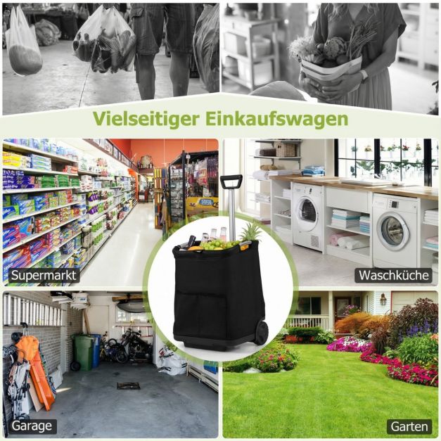 Coast Boodschappentrolley Zwart – Opvouwbare 50L Winkelwagen met 3 Vakken en Verstelbare Handgreep – 40 x 36 x 58/90 cm