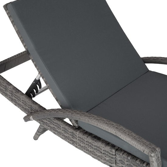 tectake® - Wicker ligstoel ligbed zonnebed - Verstelbare rugleuning (5 standen) - Incl. ligkussen met wasbare hoes - grijs - poly-rattan