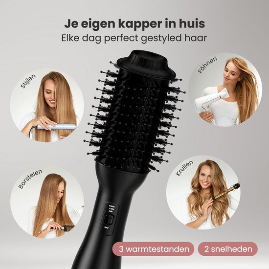 Auronic 4-in-1 Föhnborstel - Airstyler - Kammen - Stijlen - Krullen - Föhnen - 37 mm Krulborstel - 360 Graden Airflow - Zwart/Zwart
