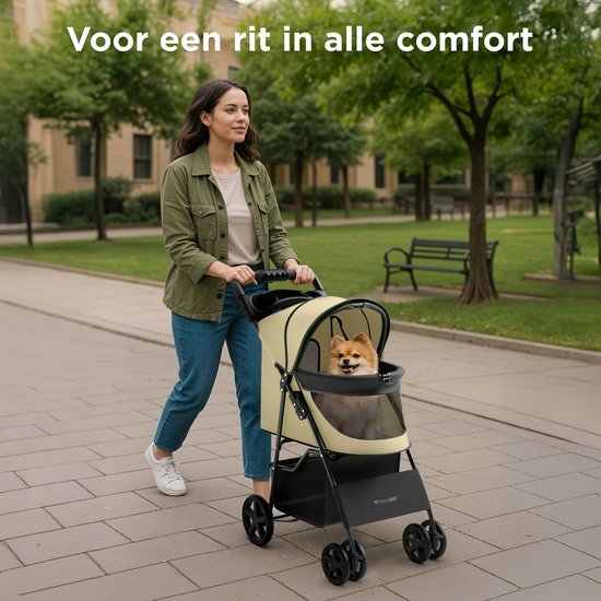 TrevoPet® Inklapbare Hondenbuggy - Voor Kleine en Middelgrote Honden tot 15 kg - Wandelwagen met Bekerhouder & Grote Opbergmand - Beige