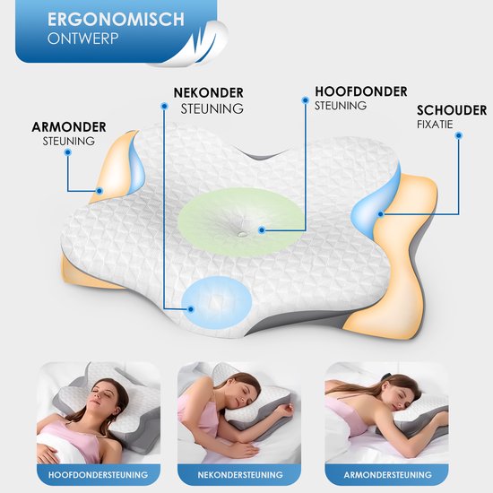 Maqi Living® Hoofdkussen Memory Foam voor Nekklachten – Orthopedisch & Ergonomisch kussen - Geschikt voor rug-, zij- en buikslapers - Traagschuim - Grijs/wit