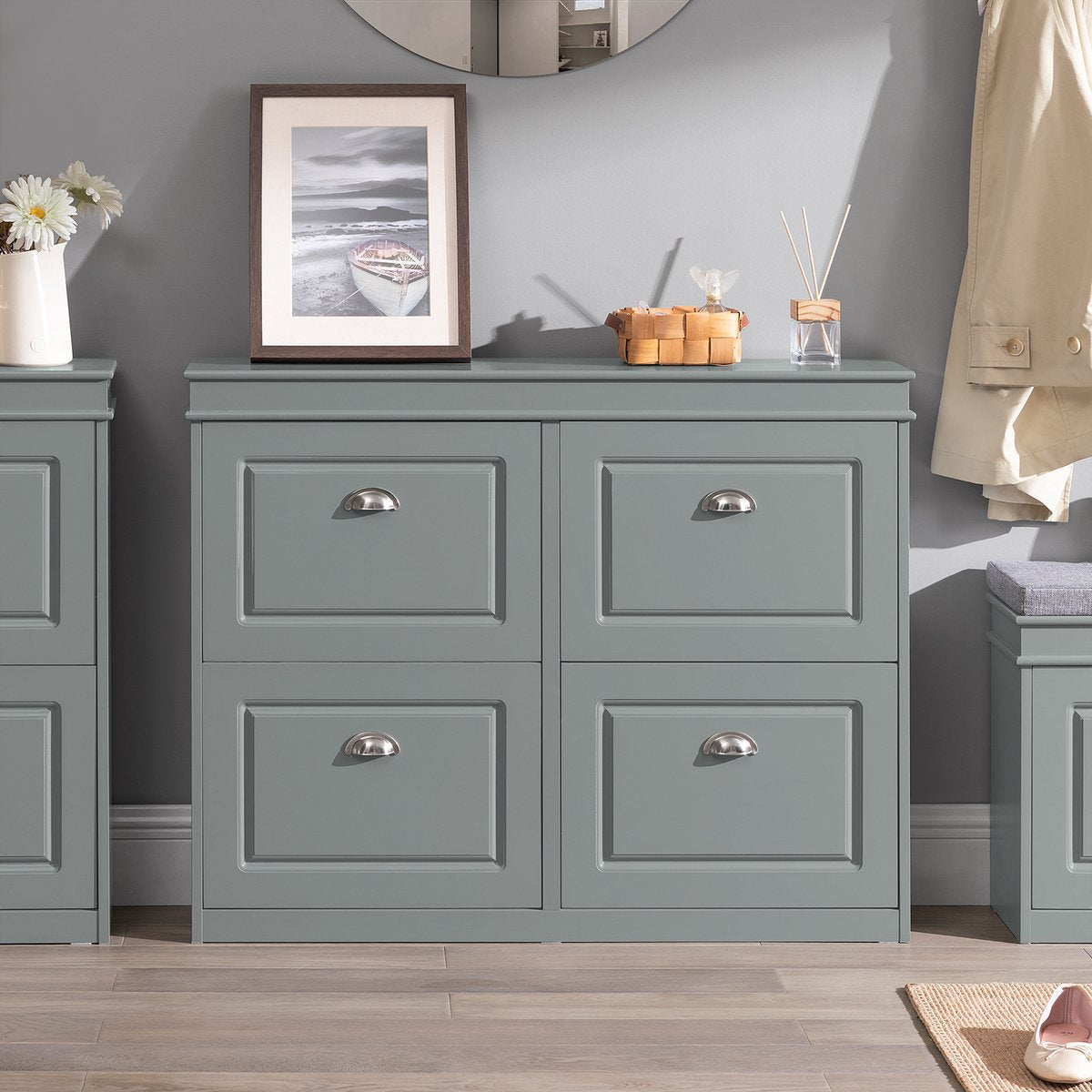 SoBuy FSR79-HG Schoenenkast met 4 Kleppen – Schoenenmeubel met 8 Planken – Ruimtebesparend Schoenenrek voor Hal – Grijs MDF – 105x83x24cm