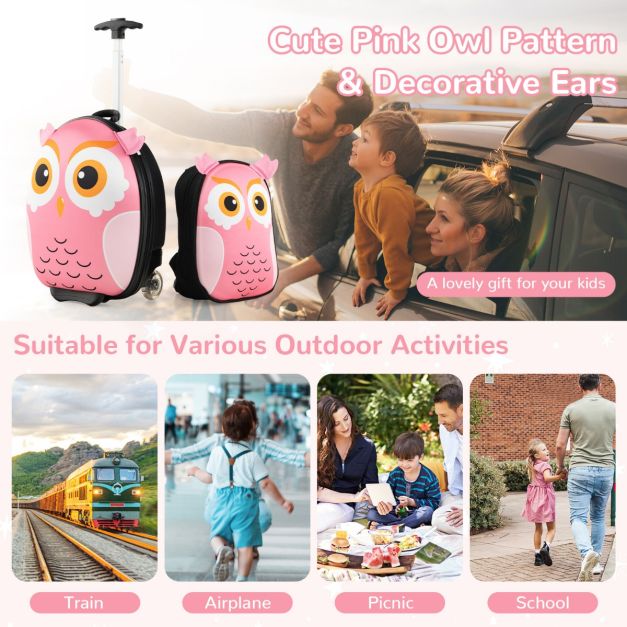 2-Delige Kinderkofferset met 40 cm Kinderkoffer & 30 cm Rugzak Rollende Koffer Reistrolleykofferset voor Kinderen - Roze - Uil