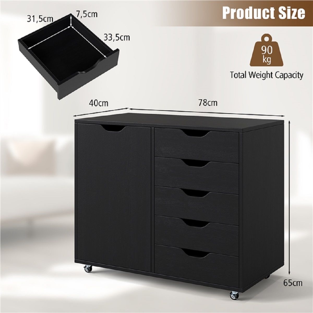Coast Rolcontainer met 5 lades - Deurkast - Werkblad - Zwart - 79 x 39 x 65 cm