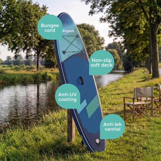LifeGoods SUP Board Allround Compact - met Zitje - 100 KG Draagkracht - 300 x 76 cm - Opblaasbaar - Compleet SUP pakket - Blauw/Groen