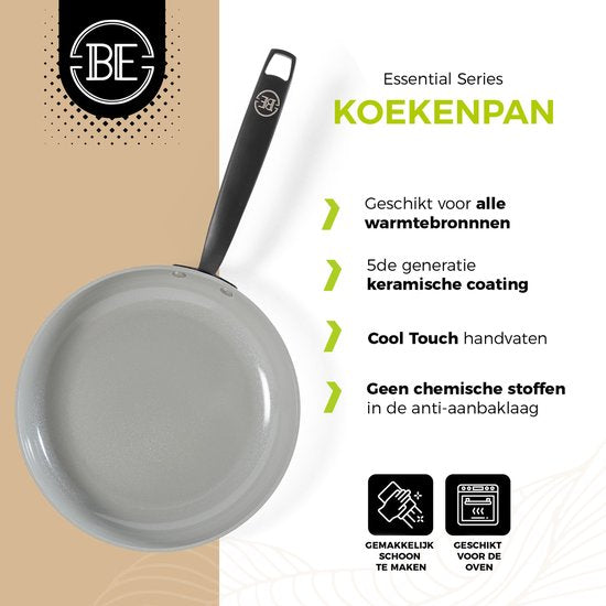 BE Living Koekenpan - Ø 28 cm - Bakpan - Keramisch - PFAS Vrij Anti-aanbak - Inductiepan - Grijs - Essential Series