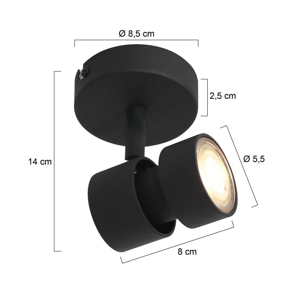 Spot Natasja 7901ZW zwarte 1-lichts spot van metaal met dimbare GU10 lichtbron, modern en draaibaar, geschikt voor binnen gebruik, Steinhauer