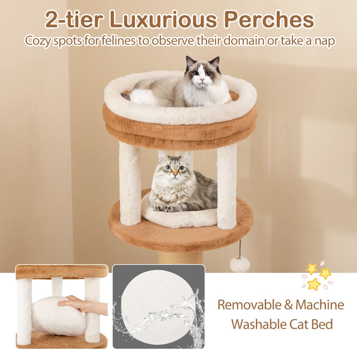 Coast Kattenboom - krabpaal met gevoerde zitstokken - uitneembaar kattenbed - karamel en wit - 164 cm
