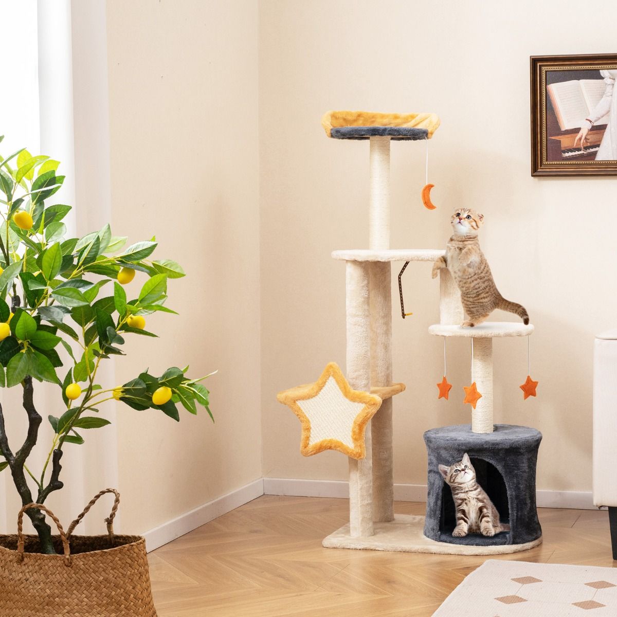 Coast Kattenboom - 128 cm - Meerdere verdiepingen - Sisal krabpalen - Beige en grijs