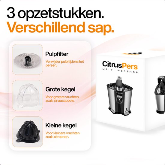 MATTI® - Citruspers Electrisch - Citruspers - Citroenpers - Sinaasappelpers - 160W, RVS, Pershendel - 18.000RPM