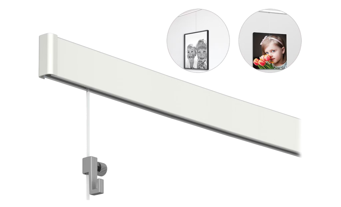 Artiteq Click Rail Foto- en Schilderijophangsysteem - 12 Meter Rails - 8x150 cm - Wit Primer - Inclusief Perlon Draden & Haken - Wandmontage Systeem