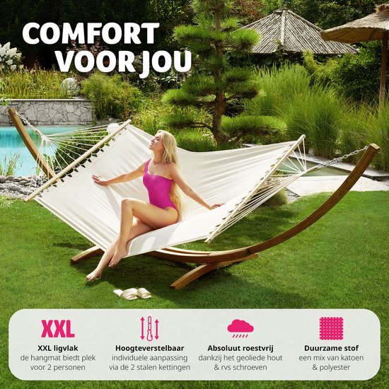 tectake® - XXL hangmat hardhouten frame - ligmat schommelmat - 415 x 150 x 124 cm - 401995