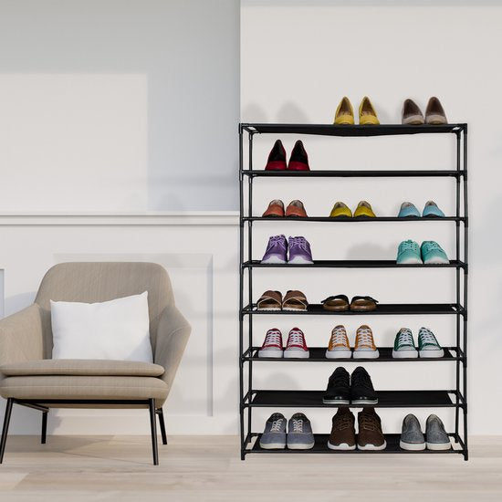 schoenenrek hoog - 10 lagen - metaal - stof - 83 cm breed - zwart