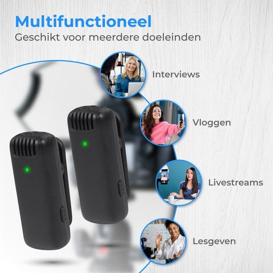 Nuvance - Draadloze Microfoon - 2 Stuks met Oplaadcase - Incl. Lighting Converter - Dasspeld Microfoon - Usb C - Lavelier Microfoon - Plug & Play