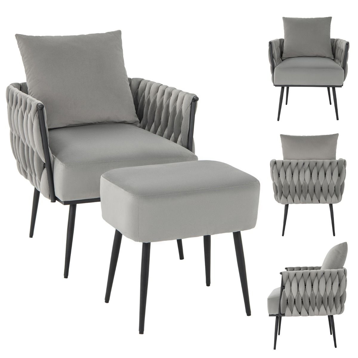coast Moderne Nederlandse Fluwelen Bijzetstoel en Voetenbank Set – Grijs – 66x65x80 cm | 46x35x45,5 cm