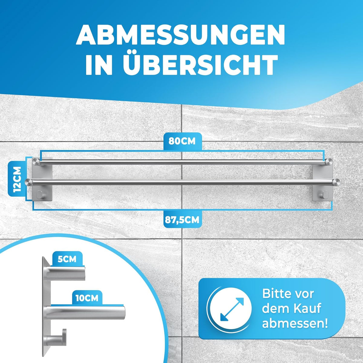 LOBUX® - Handdoekstang zonder boren - 80cm, roestvrij staal - Handdoekstang badkamer dubbel, zelfklevend - Handdoekstang, badhanddoekstang incl. 2 handdoekhaken - voor badkamer, douchewand, keuken