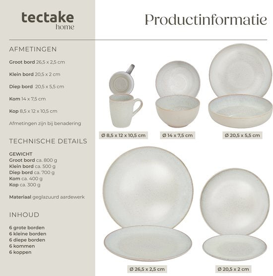 tectake® Serviesset Mare - 30-delig - Aardewerk met Glanzend Glazuur - 6 Persoons - Handgemaakt Servies - Moderne Bordenset met Grote en Kleine Borden, Kommen, Schaaltjes en Kopjes - Vaatwasser- en Magnetronbestendig - Zandkleur