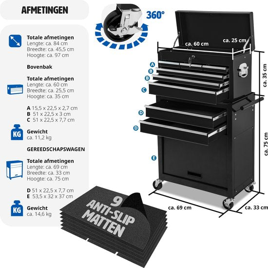tectake® Werkplaatswagen met Kofferbevestiging - Afsluitbare Gereedschapswagen met 10 Vakken - Mobiele Werkbank van Staal - Wielen met Rem - Lege Gereedschapswagen, Gereedschapskast - Zwart