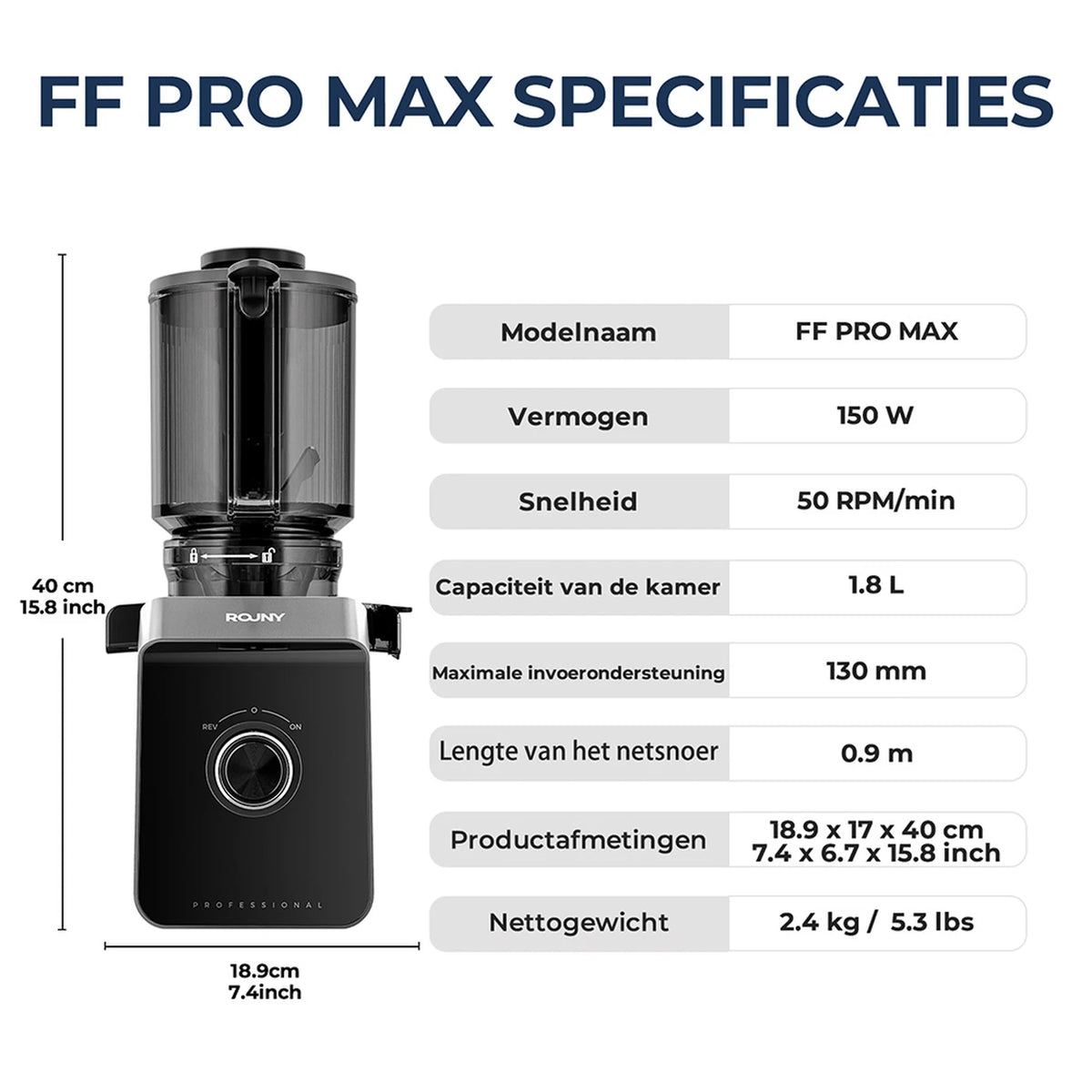 Rouny Slow Juicer FF Pro Max - 150 W Koudperssapcentrifuge - 130 mm Vulopening - Filtervrij - Fruitijsfunctie - 1,8 L - Zwart