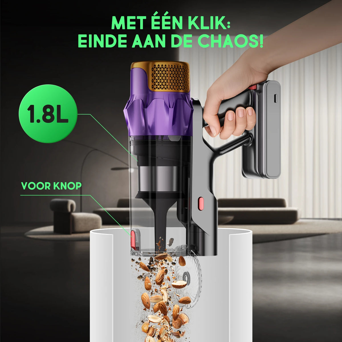 Daynee Draadloze Steelstofzuiger 65 kPa - Tot 70 Minuten Looptijd - Anti-Klit Borstel met LED - Ideaal voor Dierenhaar - Goud
