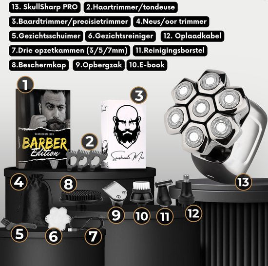6-in-1 Scheerapparaat Mannen – Trimmer - Tondeuse - Sansbeauté® SkullSharp PRO MAGNETIC - Electric Face & Head Shaver - Shave - Hoofd Kaal Scheren – Nat & Droog - Draadloos Opladen - Elektrisch