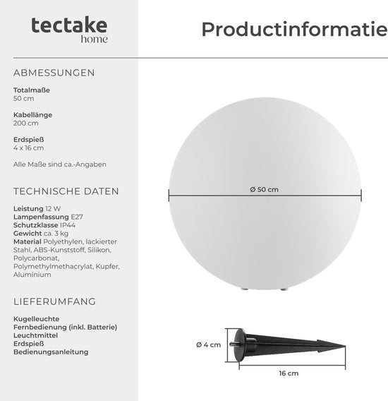 tectake® Tuinbol - Ø50 cm - Bolvorminge LED Buitenlamp met Afstandsbediening - 16 Kleuren en 5 Lichtmodi - Weerbestendige Tuinverlichting - Feestversiering - Tuindecoratie - Inclusief Lichtbron - Lichtbol - Lichtbollen voor Buiten - Bol Lamp