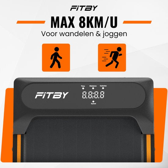 Fitby Loopband - Loopband met helling 5% - 8% - Hardloopband 1-8 km/u - Treadmill - Wandelband - Zwart Oranje