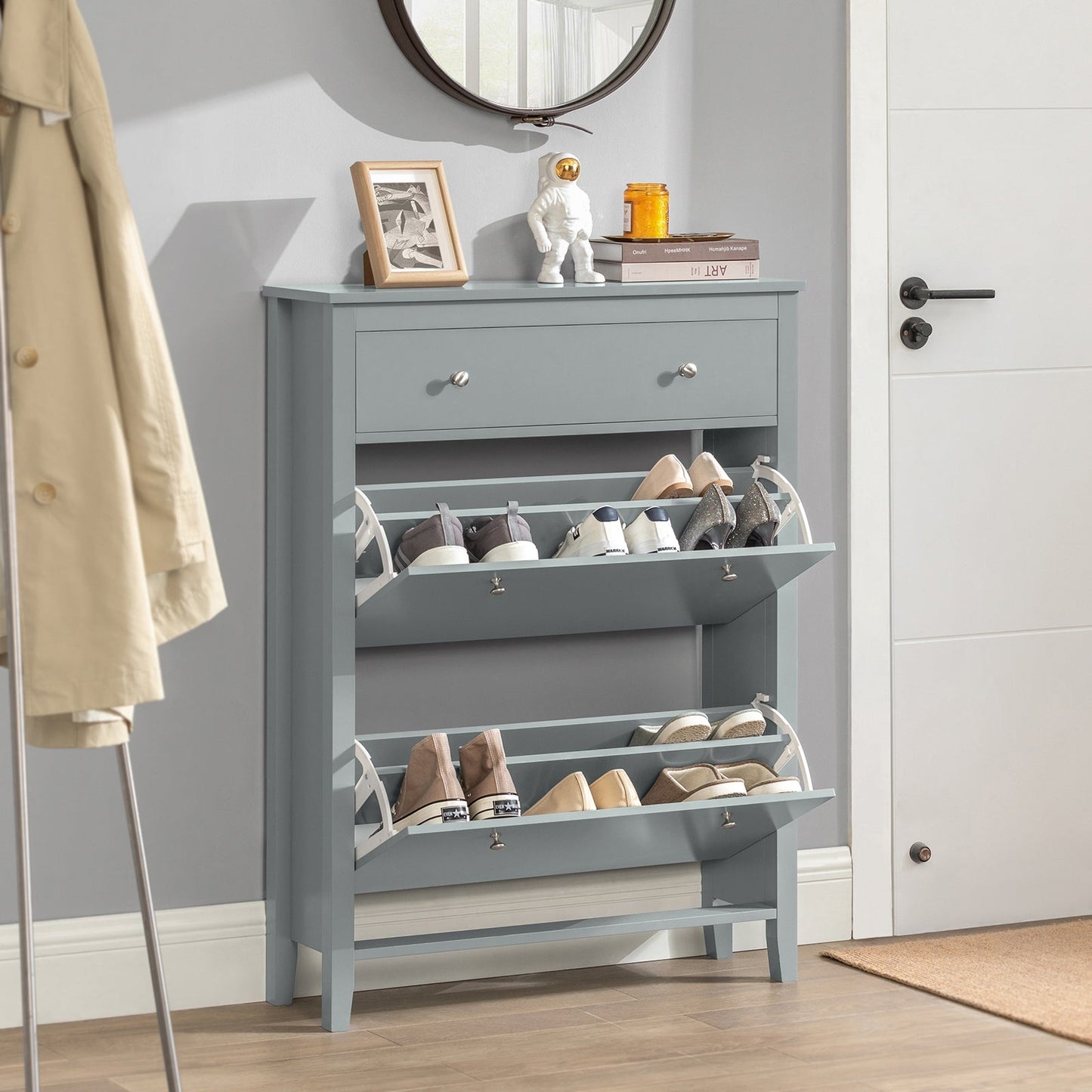 SoBuy FSR89-HG Schoenenkast met 2 Kleppen en 1 Lade - 80 x 25 x 108 cm - Grijs