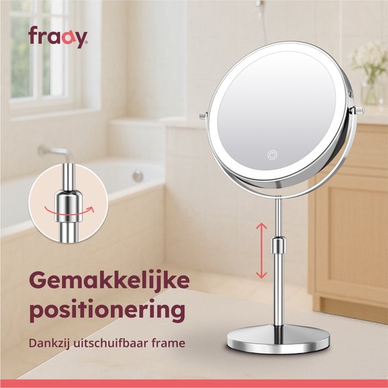 Fraay Make-up Spiegel met LED Verlichting Ø20 cm - 10x Vergroting - Oplaadbaar - Dubbelzijdig - Dimbaar - 3 Lichtstanden - Chroom