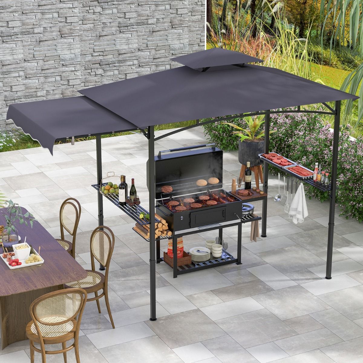 Coast Grillpaviljoen met Zijluifel en Dubbeldak 318 x 153 x 250 cm Donkergrijs – Inclusief Zijplanken en Haken