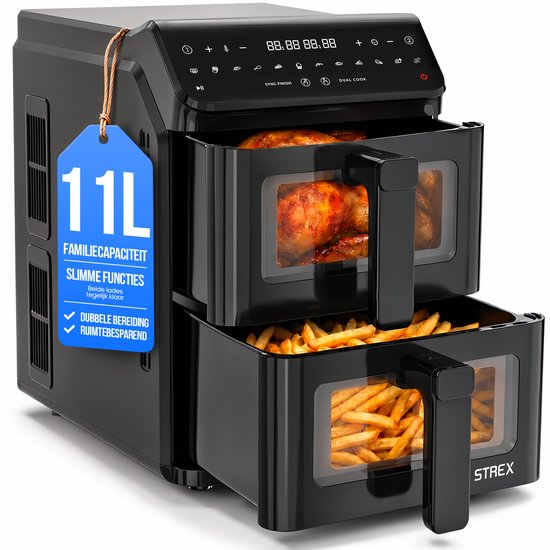 Strex Airfryer Dubbele Mand 11L XXL Heteluchtfriteuse 2500W - Airfryer 2 Manden - Dual Basket - 13 Kookprogramma's - Airfryer Verticaal Groot voor Gezin