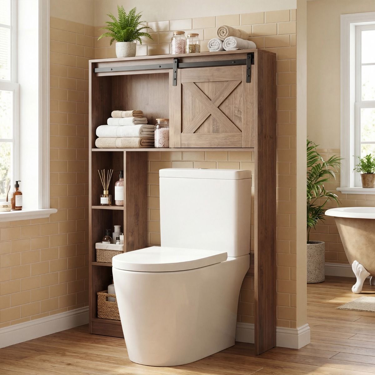 Coast toiletkast met schuifdeur - vrijstaand badkamerrek - hout en MDF - donkerbruin - 84 x 17 x 128 cm