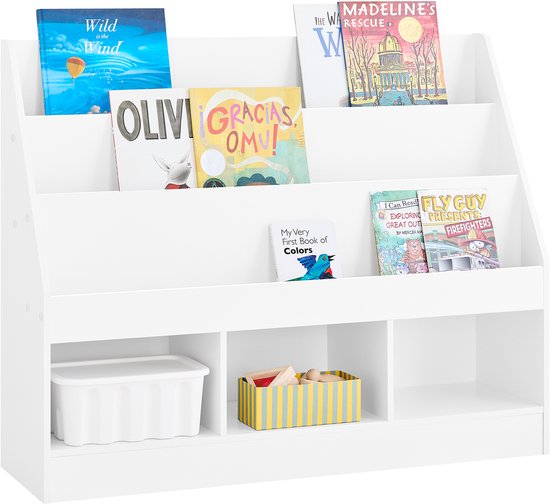 SoBuy Montessori KMB118-W Boekenkast voor kinderen, kinderrek met 3 opbergvakken en speelgoed opbergrek, kinderkamer, boekenrek en speelgoedrek, wit, 100 x 80 x 30 cm